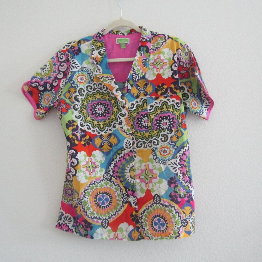 Vera Bradley Mandala Floral Top Medium Colorful Maximalist Artsy Boho Casual